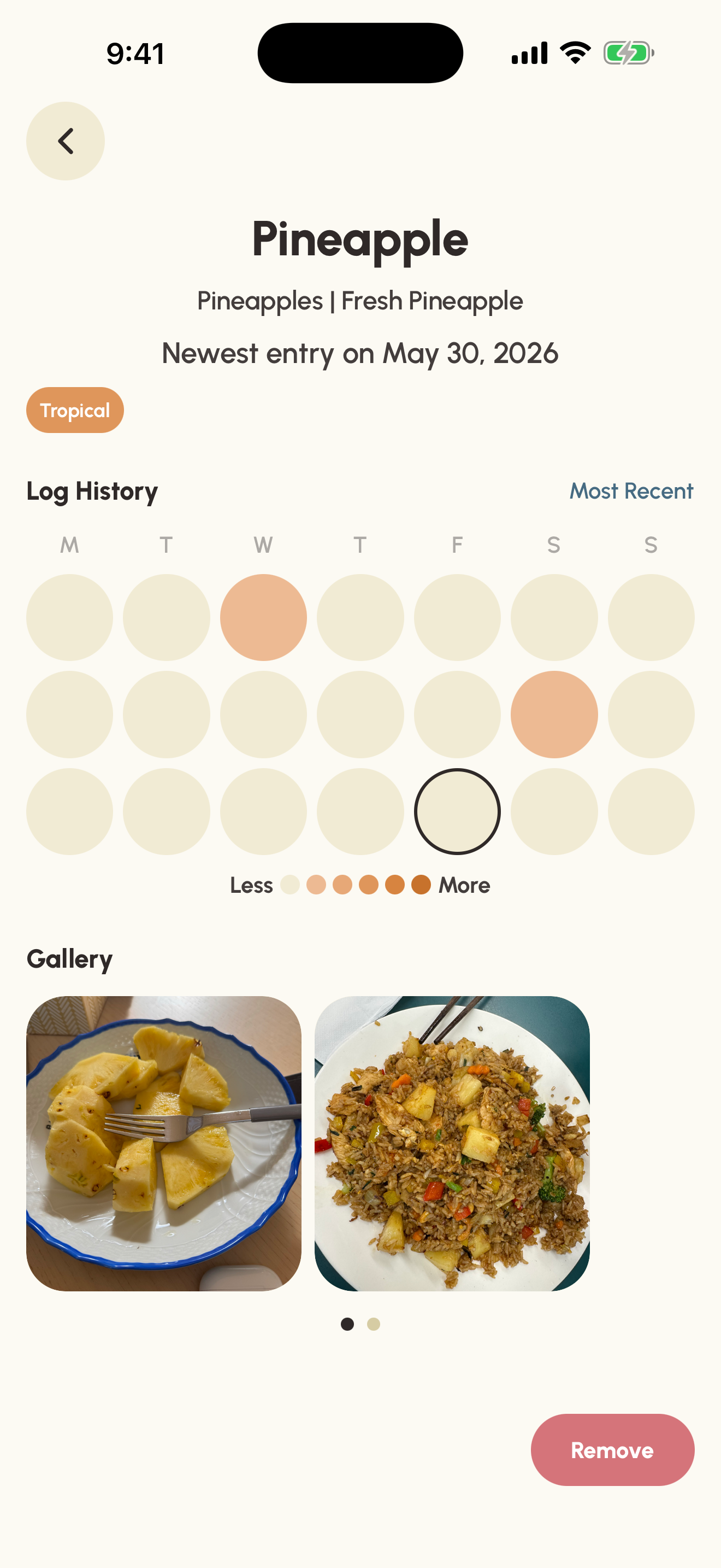 Bamboo Shoots detail screen — log history calendar and a photo gallery of logged meals.